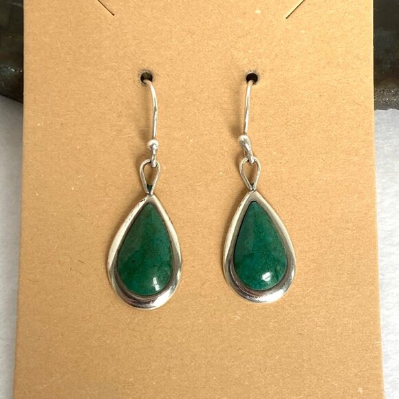Sterling Silver 925 Southwest Style Chrysocolla Teardrop Dangle Drop Earrings - Picture 1 of 16